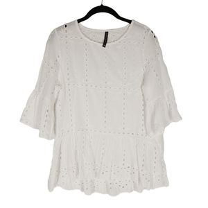 LUNA RAE White Eyelet Embroidered Short Flare Sleeve Boho Top Medium